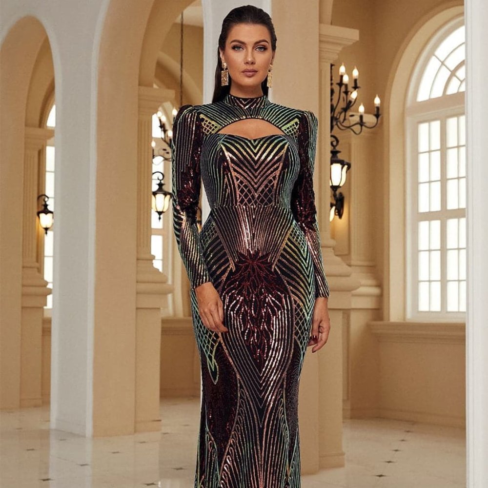Elegant Sequin Turtleneck Cut Out Dress